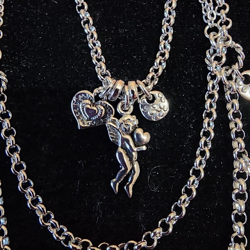 Cookie Lee Silver 3 Strand Layered Angel Heart and Crosses Necklace #25706 NWT